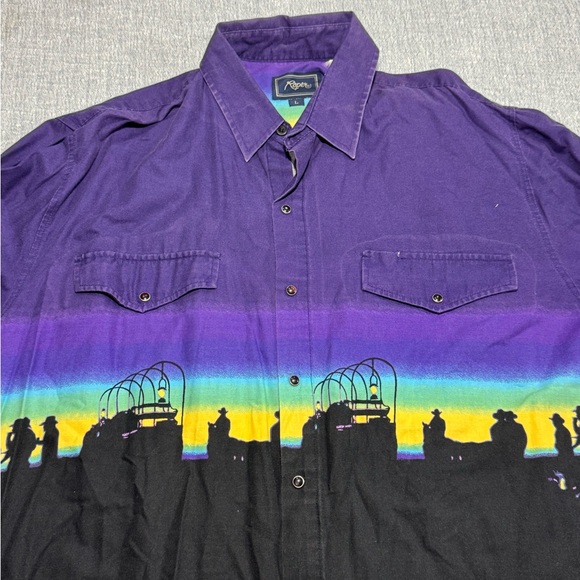 Vintage Roper Shirt Mens L Blue Western Pearl Snap Cowboy Aztec Stagecoach Rodeo - Picture 3 of 11